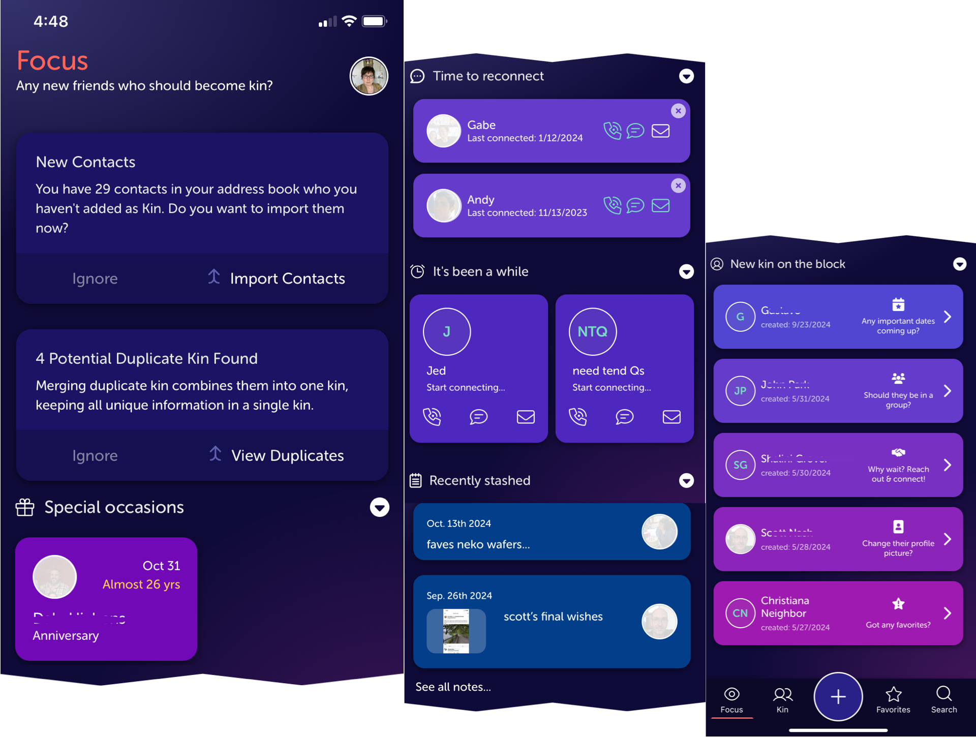 Kinship React Native app showing focus screen grabs in iOS